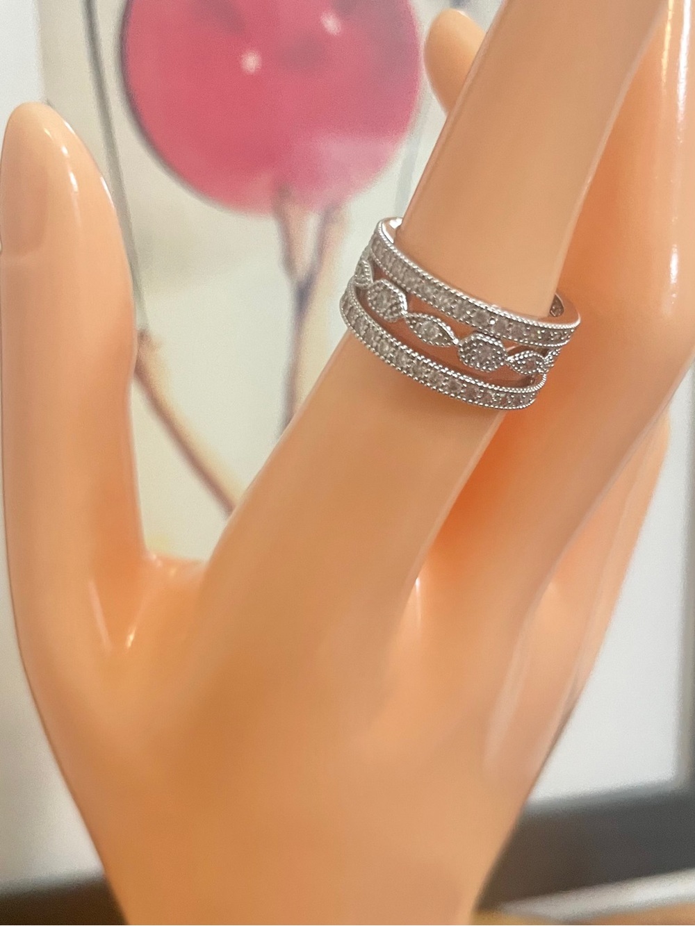 Rhodium Plated Pave CZ Art Deco Style 3 Band Ring Stack NWOT
